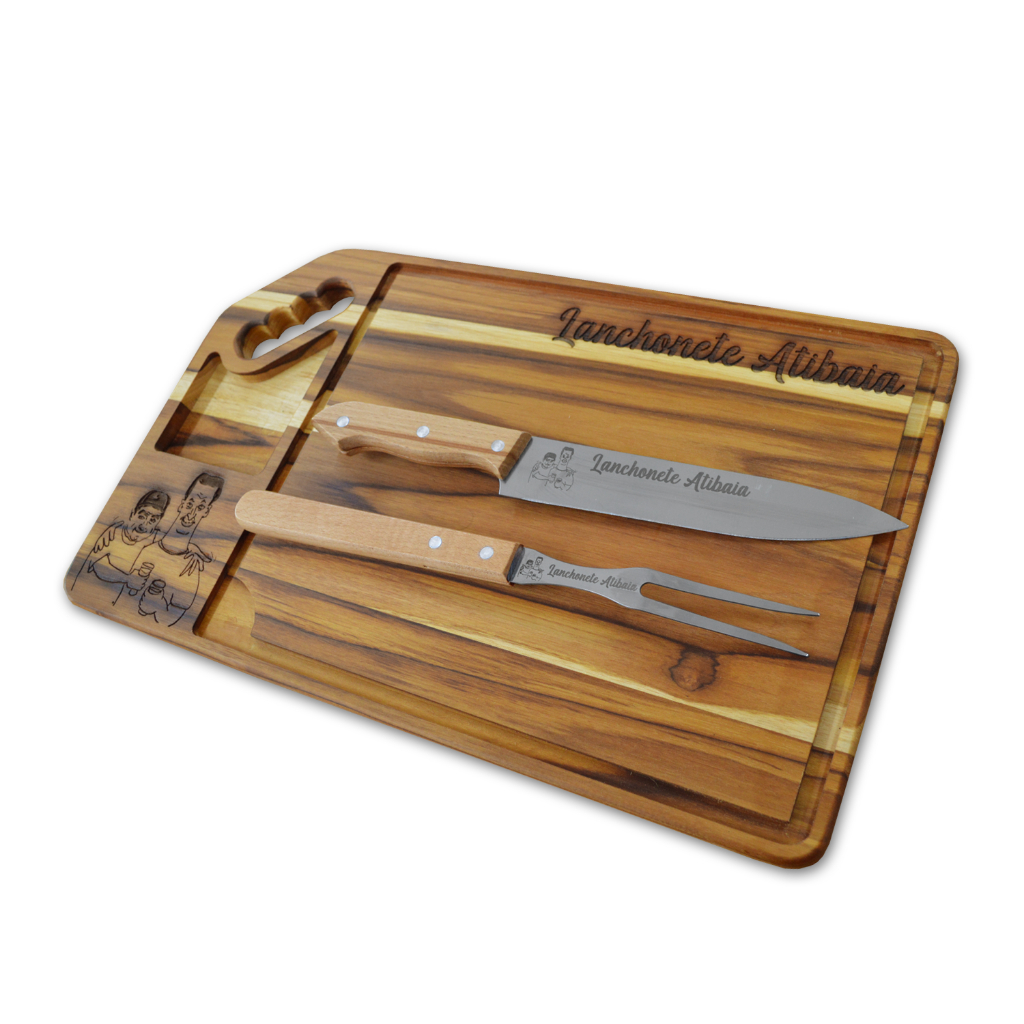 Kit Tábua de Madeira + Garfo e Faca para Churrasco Personalizado Nome Presente Dia Dos Pais