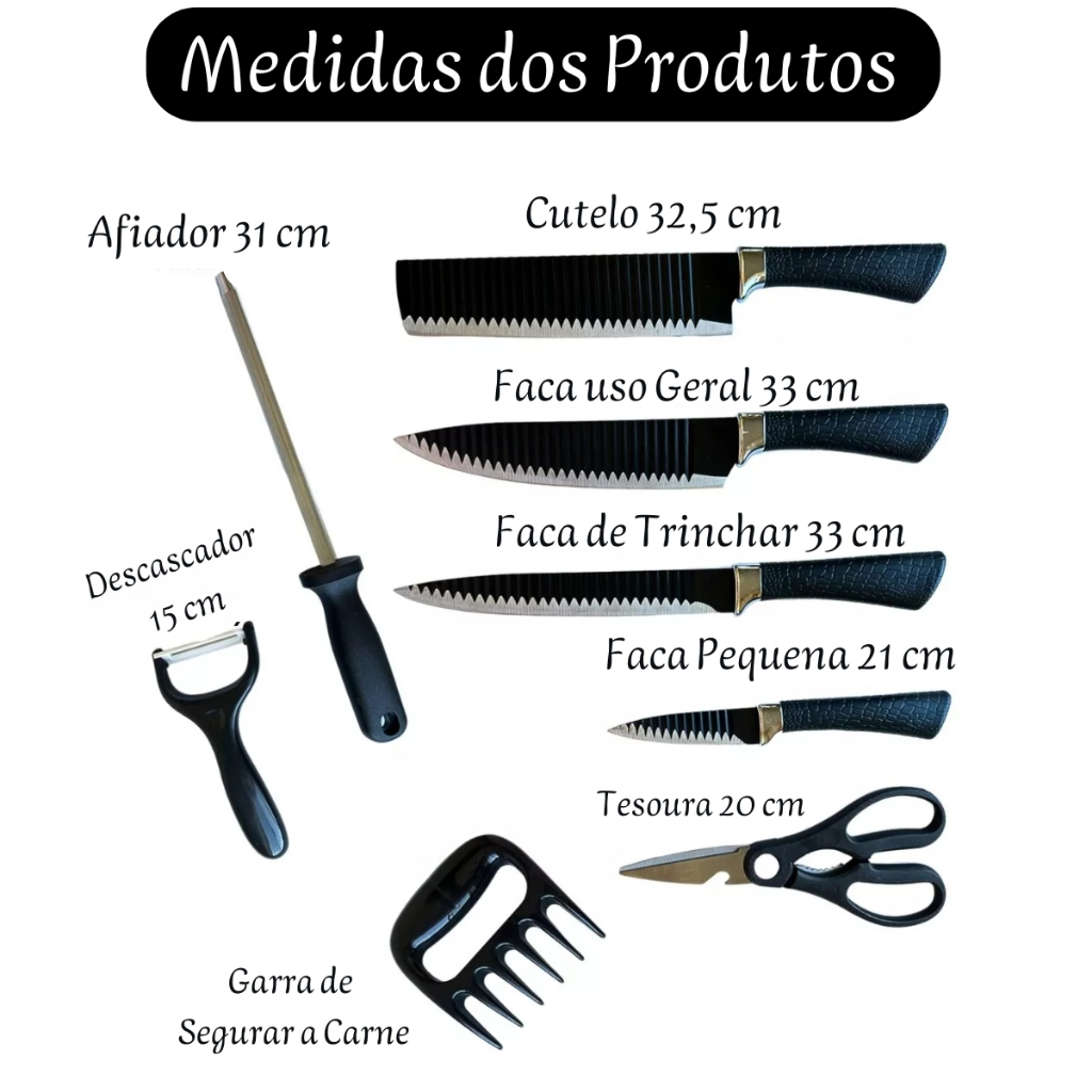 Conjunto de Facas Kit Churrasco Profissional Em Inox 8 Peças Faqueiro Lâminas Afiadas para Cortes