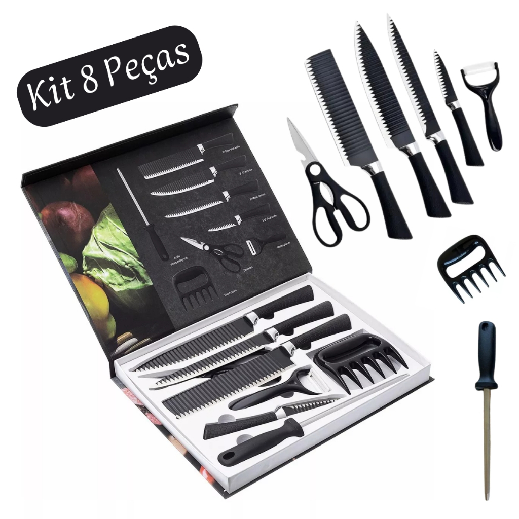 Conjunto de Facas Kit Churrasco Profissional Em Inox 8 Peças Faqueiro Lâminas Afiadas para Cortes