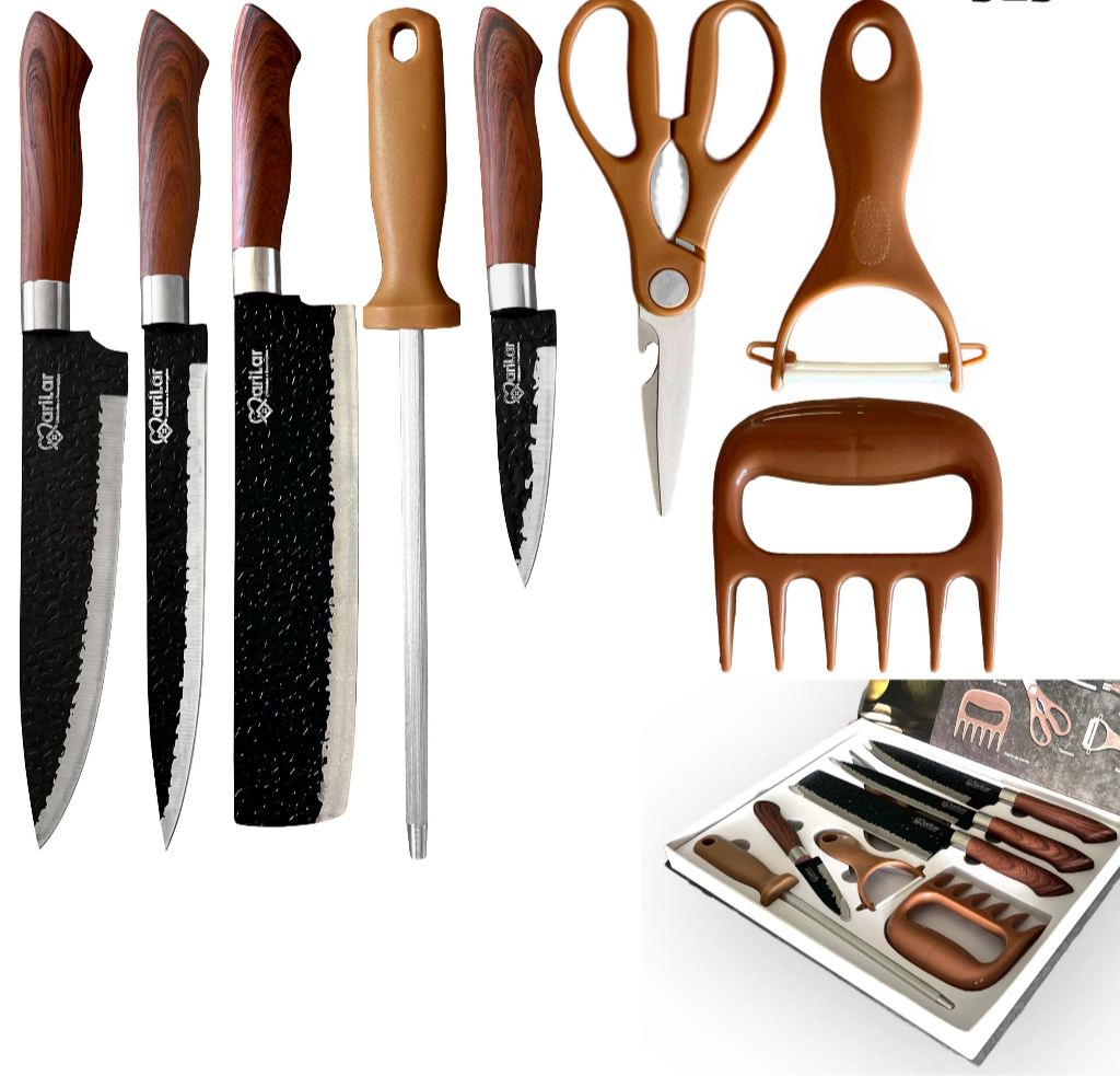 Kit de Facas para Churrasco e Cozinha: 8 Peças em Aço Inoxidável com Garra e Amolador Enviado Cor Aleatória Preto Ou Marrom Tinny You