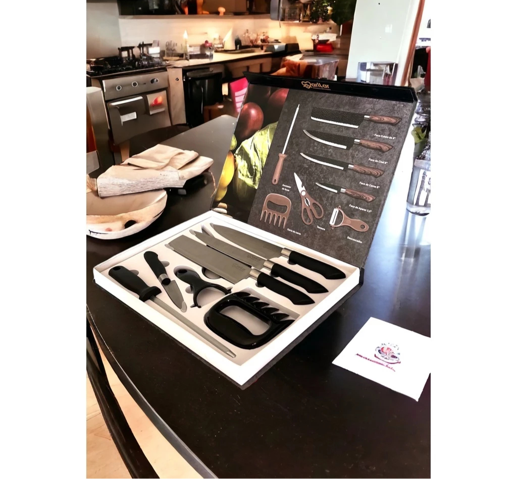 Kit de Facas para Churrasco e Cozinha: 8 Peças em Aço Inoxidável com Garra e Amolador Enviado Cor Aleatória Preto Ou Marrom Tinny You