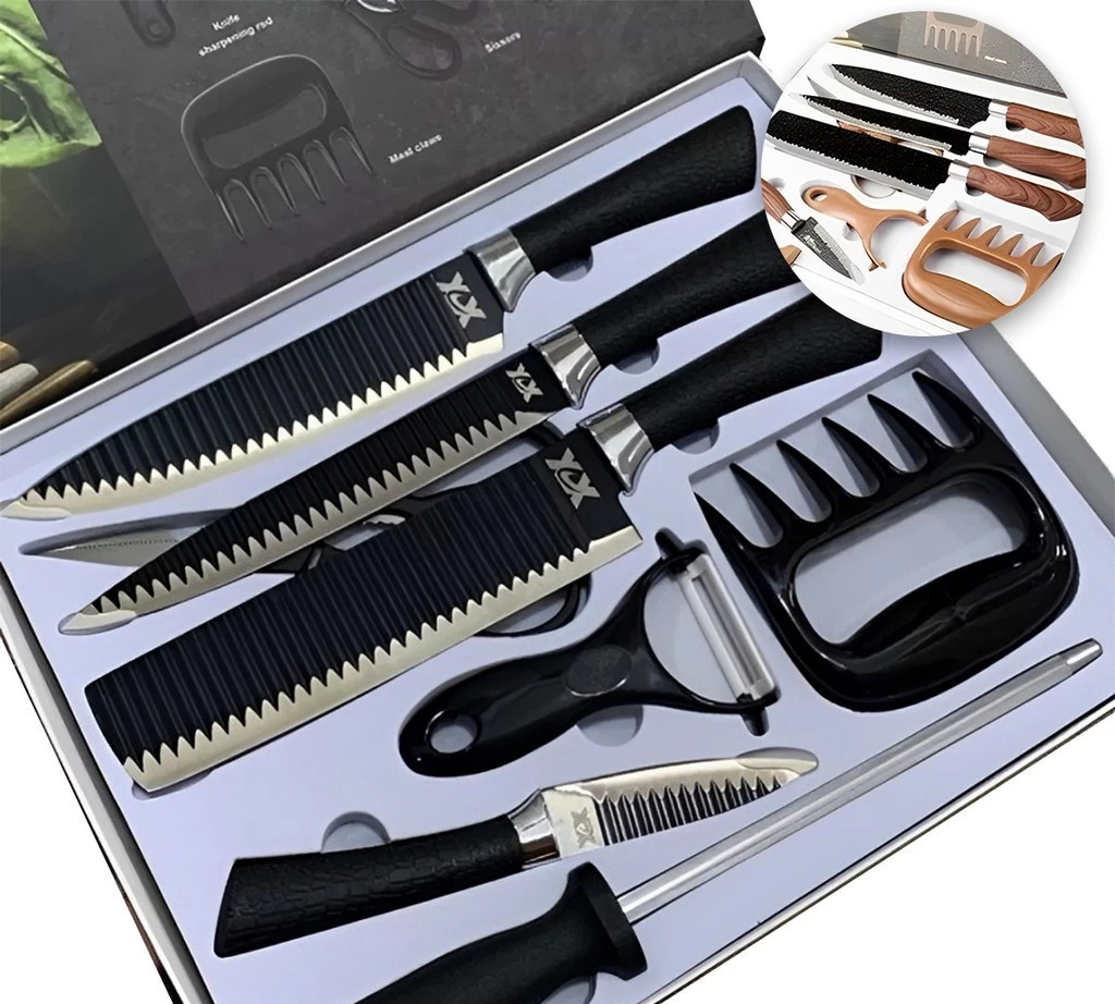 Kit de Facas para Churrasco e Cozinha: 8 Peças em Aço Inoxidável com Garra e Amolador Enviado Cor Aleatória Preto Ou Marrom Tinny You