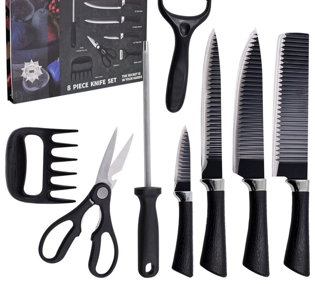 Kit de Facas para Churrasco e Cozinha: 8 Peças em Aço Inoxidável com Garra e Amolador Enviado Cor Aleatória Preto Ou Marrom Tinny You